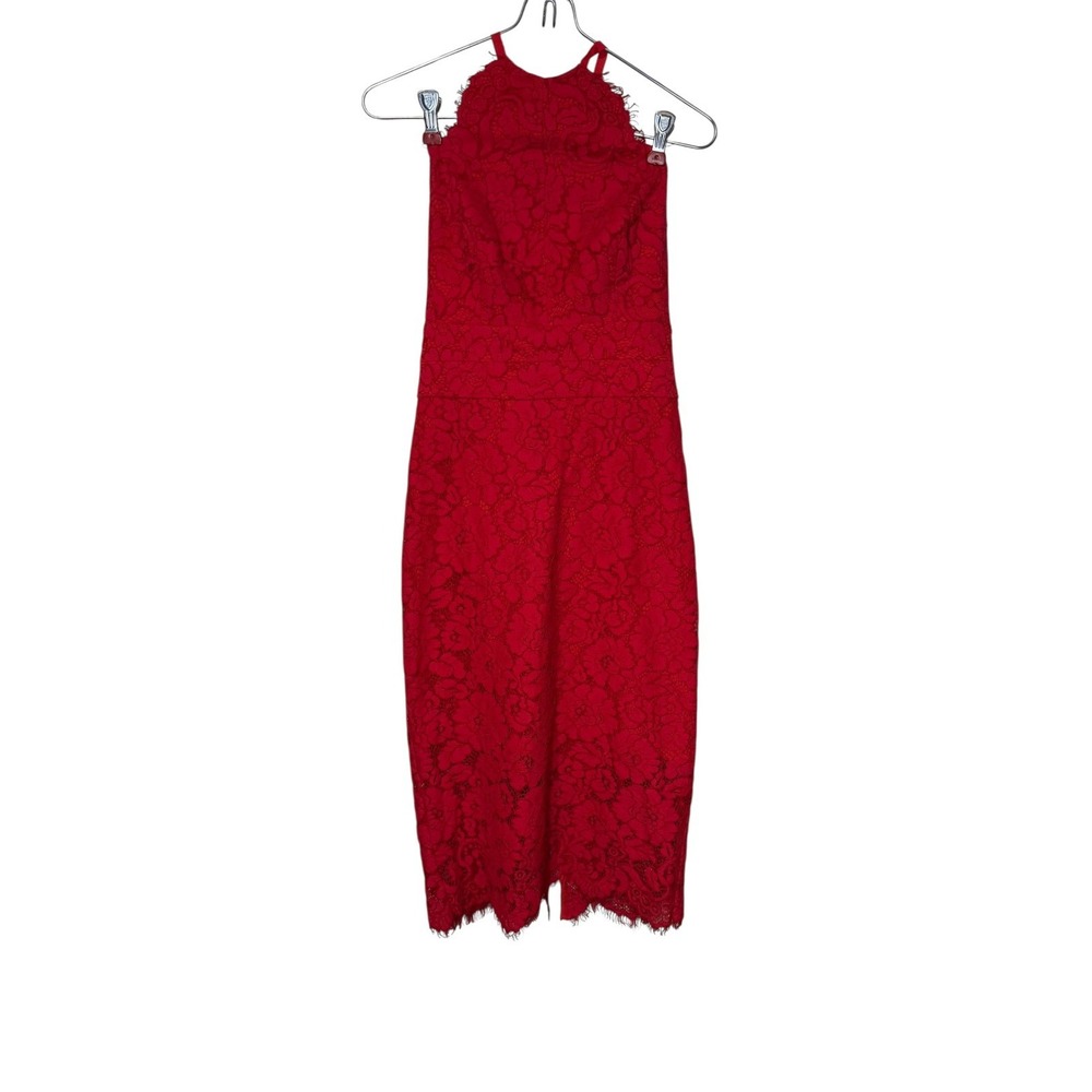 Lover Womens Dress Lace Overlay Halter Oasis Open Back Midi D280BH Red Sz. 4 NWT